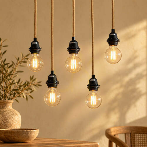 Jelölje be Függő foglalat BAZAR BIZAR Cable Fittings FL-JUTE-005 natúr pamut fekete foglalat 5xE27 350 cm