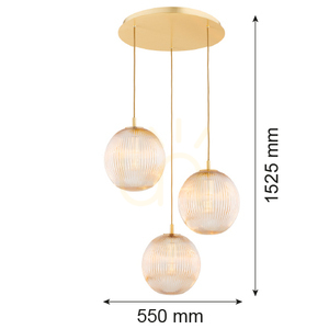 ARGON Paloma 6311 függőlámpa, 3 × E27 max 15 W, mézszínű bordázott üveg, csiszolt sárgaréz, 55 × 152,5 cm small 7
