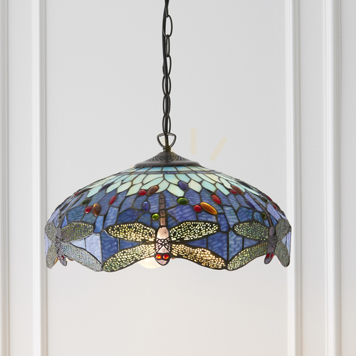 Jelölje be Függőlámpa Tiffany kék üveg-acél 3 égős E27 Interiors 64080