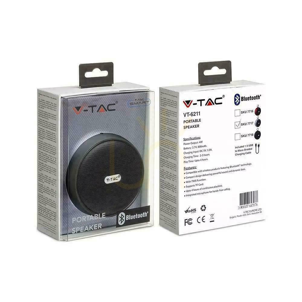 Kilátás Hordozható Bluetooth Micro USB hangszóró kiváló minőségű 800mAh ezüst kábel V-TAC VT-6211 Hordozható Bluetooth Micro USB hangszóró kiváló minőségű 800mAh ezüst kábel V-TAC VT-6211