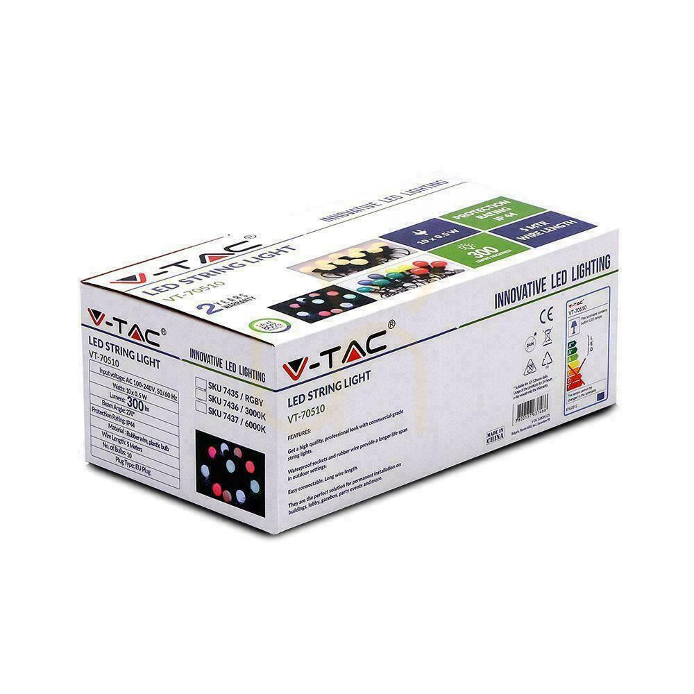 Kilátás V-TAC Kerti Girland (string) LED 5 méter 10 izzó 0.5W VT-70510 RGBY 300lm V-TAC Kerti Girland (string) LED 5 méter 10 izzó 0.5W VT-70510 RGBY 300lm