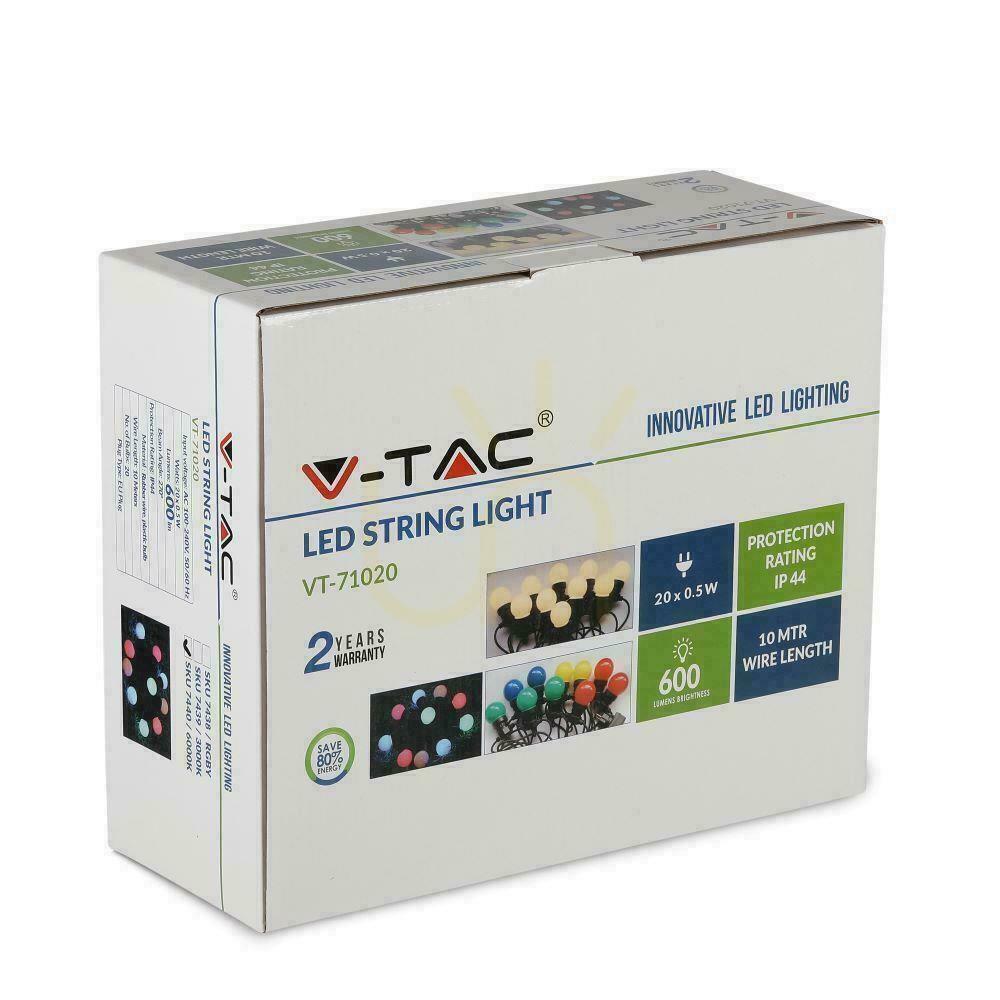 Kilátás V-TAC Kerti Girland (string) LED 10 méter 20 izzó 0.5W VT-71020 RGBY 600lm V-TAC Kerti Girland (string) LED 10 méter 20 izzó 0.5W VT-71020 RGBY 600lm