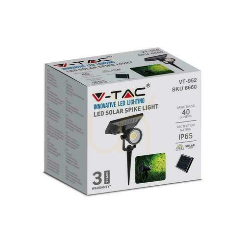 Jelölje be LED V-TAC Solar 2W IP65 VT-952 6400K 40lm földelt kerti meghajtású lámpatest 3 év garancia