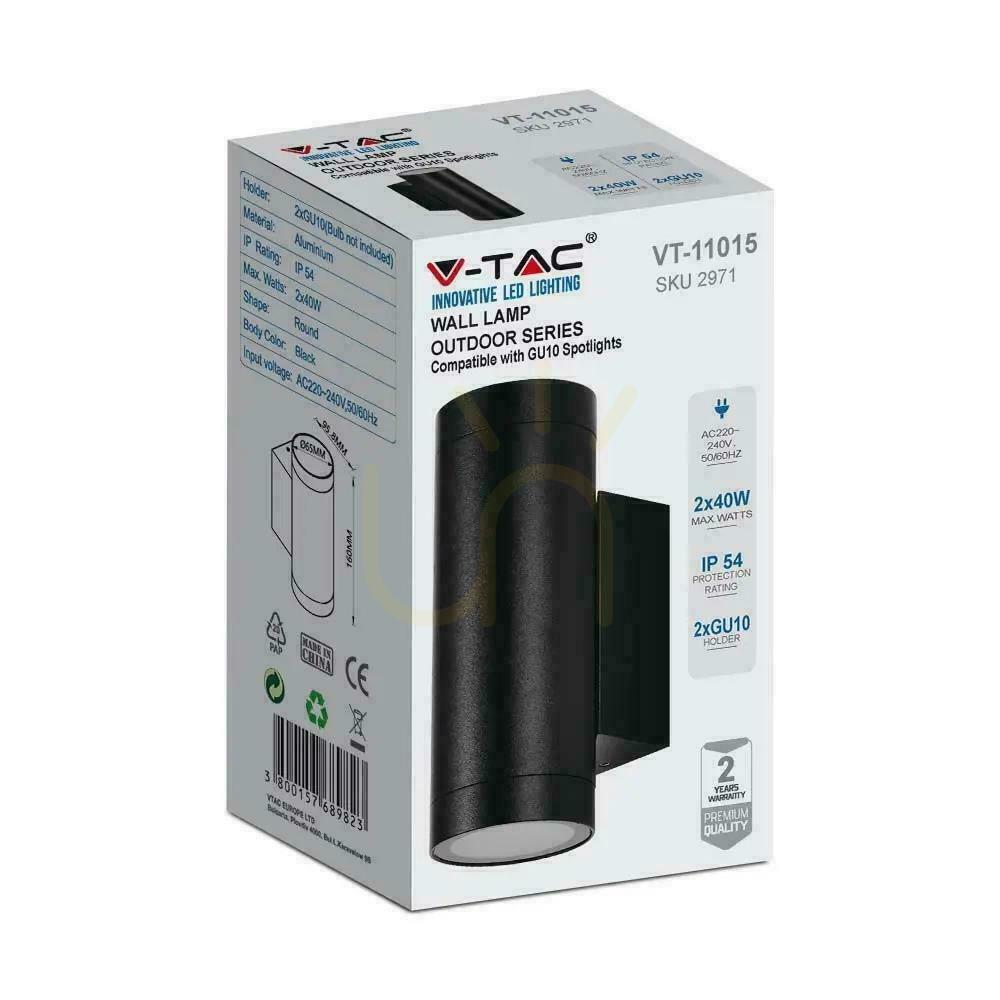 Előadás V-TAC Top Down 2xGU10 fekete IP54 VT-11015 kerti homlokzati fali lámpa. V-TAC Top Down 2xGU10 fekete IP54 VT-11015 kerti homlokzati fali lámpa.