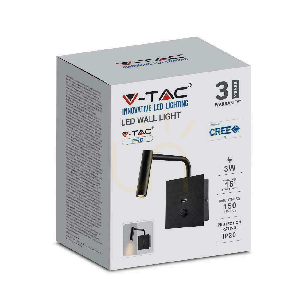 Előadás LED lámpatest V-TAC 3W fali lámpa Hotel ágy USB kapcsoló fekete COB CREE VT-2943 3000K 150lm 3 év garancia 3 év garancia LED lámpatest V-TAC 3W fali lámpa Hotel ágy USB kapcsoló fekete COB CREE VT-2943 3000K 150lm 3 év garancia 3 év garancia