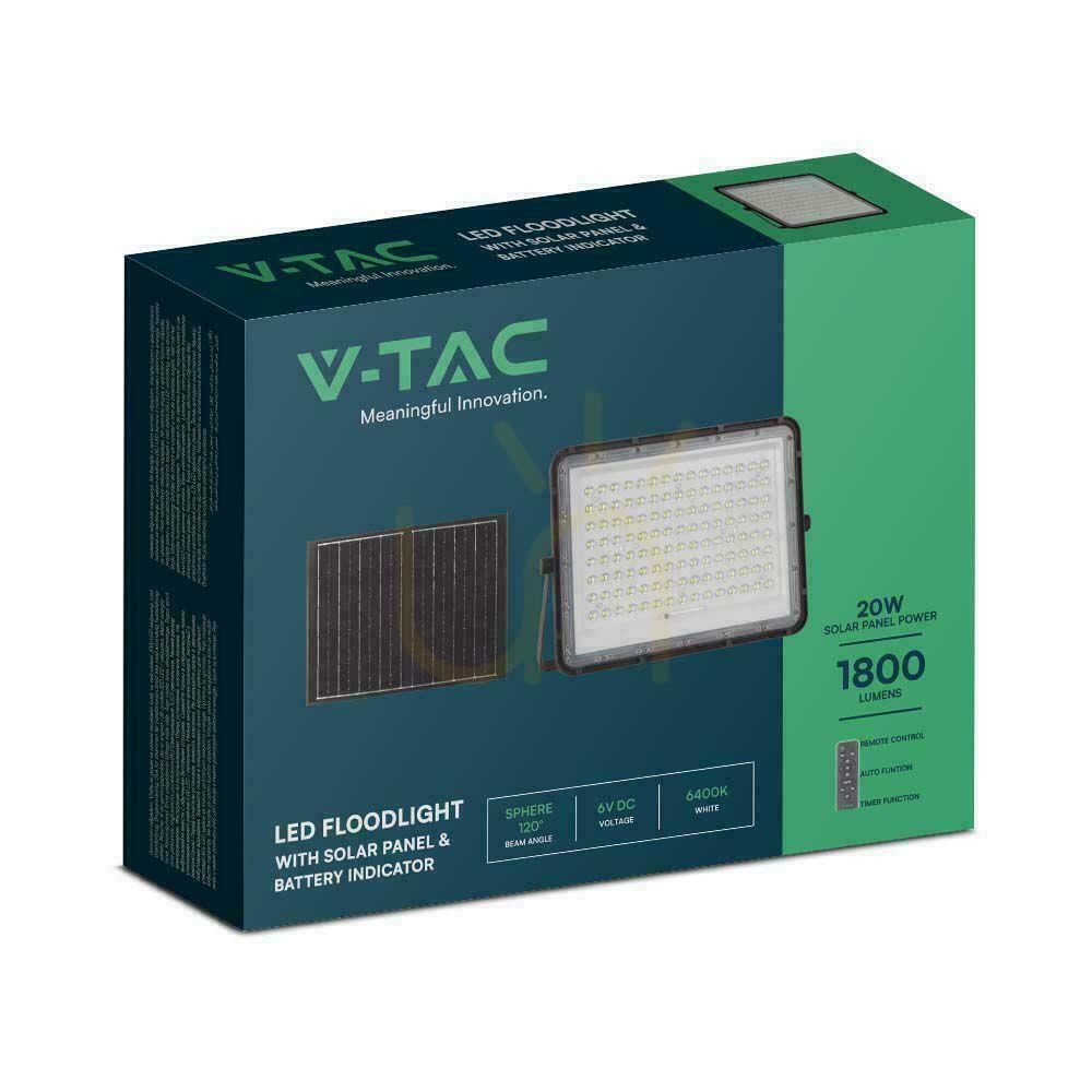 Kijelző V-TAC 20W-os napelemes LED projektor távirányító, AUTO, időzítő, IP65 Fekete VT-180W 6400K 1800lm V-TAC 20W-os napelemes LED projektor távirányító, AUTO, időzítő, IP65 Fekete VT-180W 6400K 1800lm