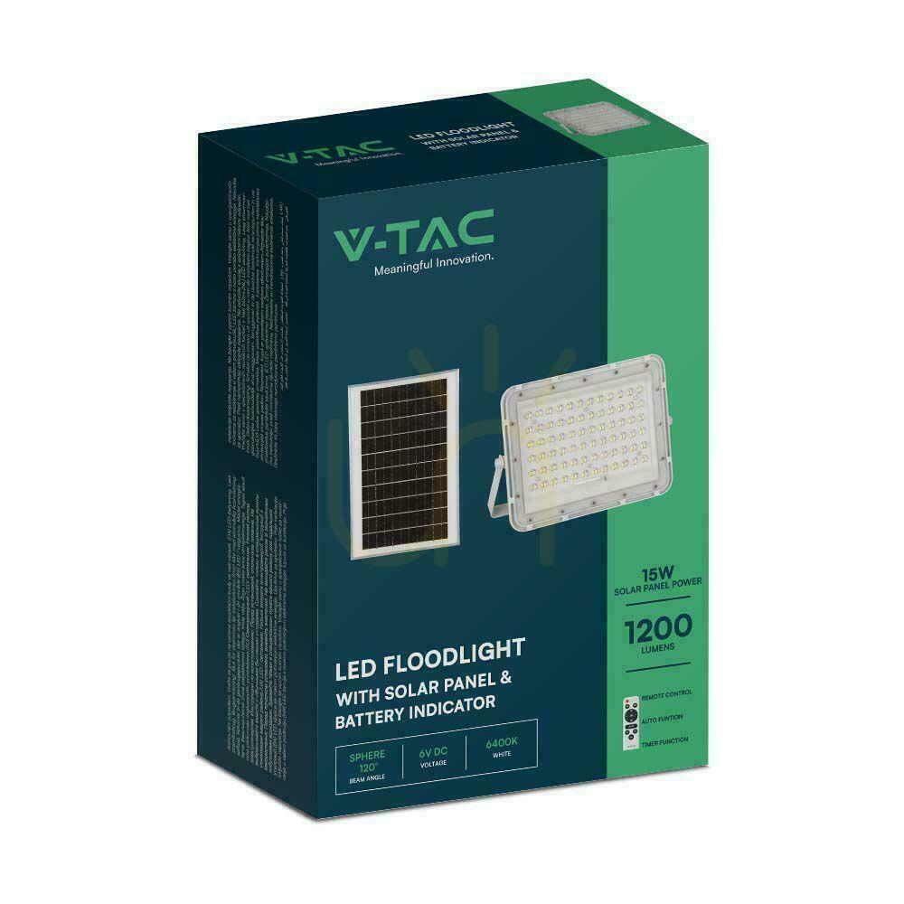 Kijelző V-TAC 15W-os napelemes LED projektor távirányító, AUTO, időzítő, IP65 fehér VT-120W-W 4000K 1200lm. V-TAC 15W-os napelemes LED projektor távirányító, AUTO, időzítő, IP65 fehér VT-120W-W 4000K 1200lm.
