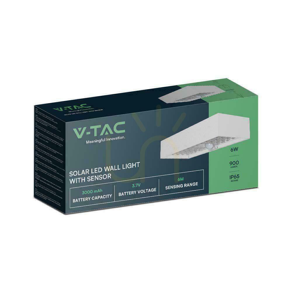Kilátás V-TAC 6W mozgásérzékelő fehér VT-406 4000K 900lm napelemes fali kerti fali lámpa. V-TAC 6W mozgásérzékelő fehér VT-406 4000K 900lm napelemes fali kerti fali lámpa.