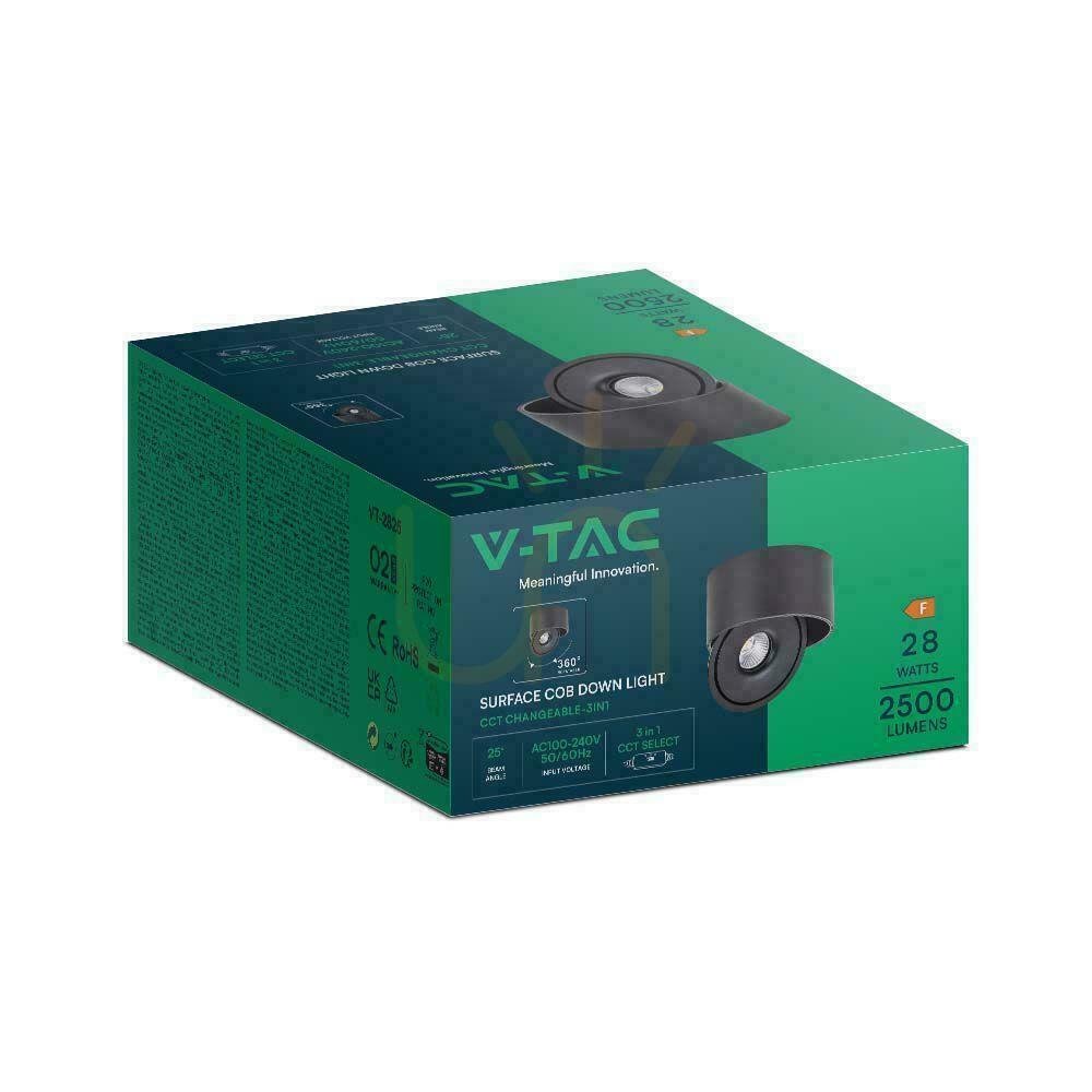Jelölje be Felszíni beépíthető lámpa V-TAC 28W Tilt CRI90 CCT Fekete VT-2833 3000K-4000K-6400K 2500lm. Felszíni beépíthető lámpa V-TAC 28W Tilt CRI90 CCT Fekete VT-2833 3000K-4000K-6400K 2500lm.