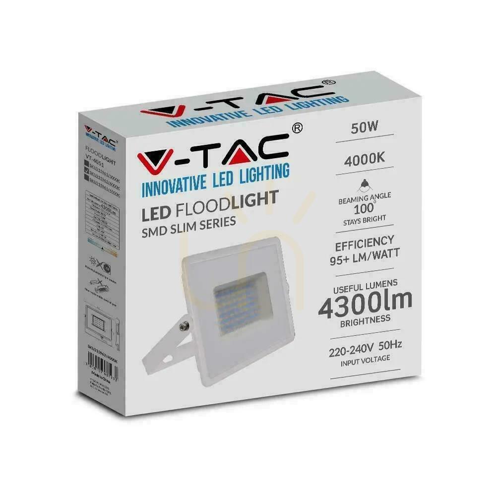 Kilátás V-TAC LED projektor 50W SMD E-sorozatú fehér VT-4051 4000K 4300lm. V-TAC LED projektor 50W SMD E-sorozatú fehér VT-4051 4000K 4300lm.