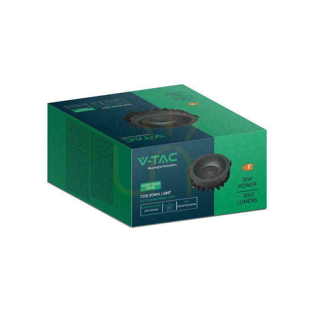 Jelölje be V-TAC LED Downlight 18W BRIDGELUX CHIP CCT lámpatest Fekete Raster Anti-glare Mézes-méhsejtes VT-17018 1860lm V-TAC LED Downlight 18W BRIDGELUX CHIP CCT lámpatest Fekete Raster Anti-glare Mézes-méhsejtes VT-17018 1860lm