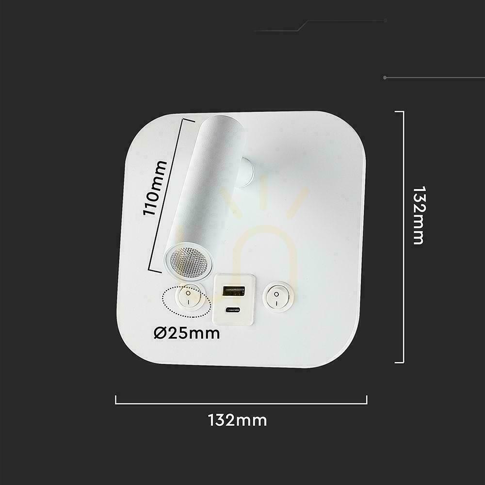 Előadás LED-es lámpatest V-TAC 8W COB CREE fali lámpa fehér szálloda ágy USB + USB C kapcsoló VT-80068-W 3000K 830lm 2 év garancia LED-es lámpatest V-TAC 8W COB CREE fali lámpa fehér szálloda ágy USB + USB C kapcsoló VT-80068-W 3000K 830lm 2 év garancia