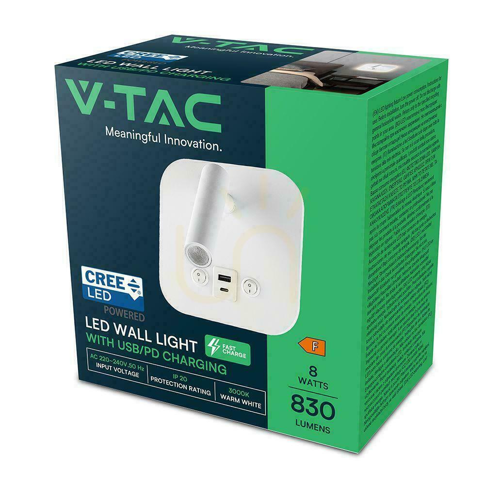 Jelölje be LED-es lámpatest V-TAC 8W COB CREE fali lámpa fehér szálloda ágy USB + USB C kapcsoló VT-80068-W 3000K 830lm 2 év garancia LED-es lámpatest V-TAC 8W COB CREE fali lámpa fehér szálloda ágy USB + USB C kapcsoló VT-80068-W 3000K 830lm 2 év garancia