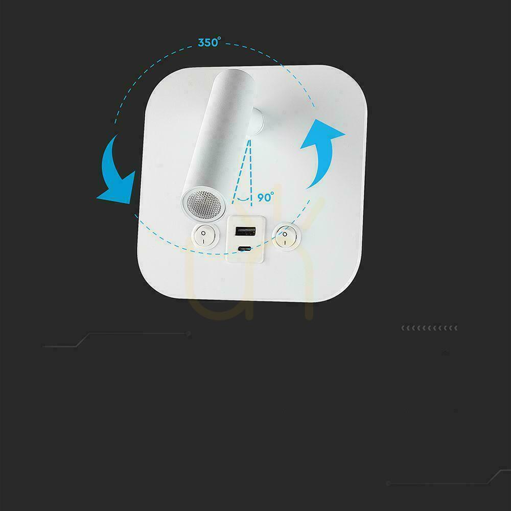 Kilátás LED-es lámpatest V-TAC 8W COB CREE fali lámpa fehér szálloda ágy USB + USB C kapcsoló VT-80068-W 3000K 830lm 2 év garancia LED-es lámpatest V-TAC 8W COB CREE fali lámpa fehér szálloda ágy USB + USB C kapcsoló VT-80068-W 3000K 830lm 2 év garancia