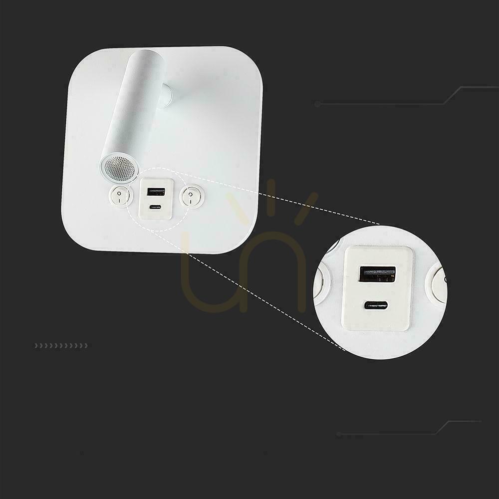 Előadás LED-es lámpatest V-TAC 8W COB CREE fali lámpa fehér szálloda ágy USB + USB C kapcsoló VT-80068-W 3000K 830lm 2 év garancia LED-es lámpatest V-TAC 8W COB CREE fali lámpa fehér szálloda ágy USB + USB C kapcsoló VT-80068-W 3000K 830lm 2 év garancia