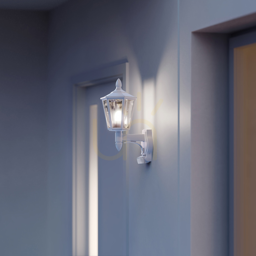 Kilátás Homlokzati lámpa mozgás- és szürkületérzékelővel Steinel L 16 S PIR max.20W w Led E27 IP44 IK03 230V fehér / műanyag Homlokzati lámpa mozgás- és szürkületérzékelővel Steinel L 16 S PIR max.20W w Led E27 IP44 IK03 230V fehér / műanyag