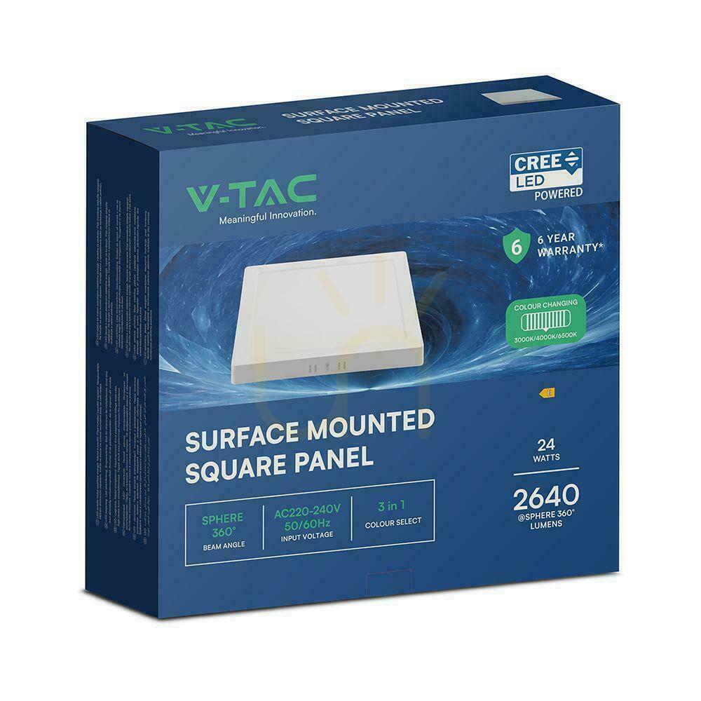 Jelölje be Felszíni lámpatest V-TAC 24W LED CREE CHIP négyzet alakú 285x285mm VT-60024CCT 2640lm 6 év garanciával Felszíni lámpatest V-TAC 24W LED CREE CHIP négyzet alakú 285x285mm VT-60024CCT 2640lm 6 év garanciával