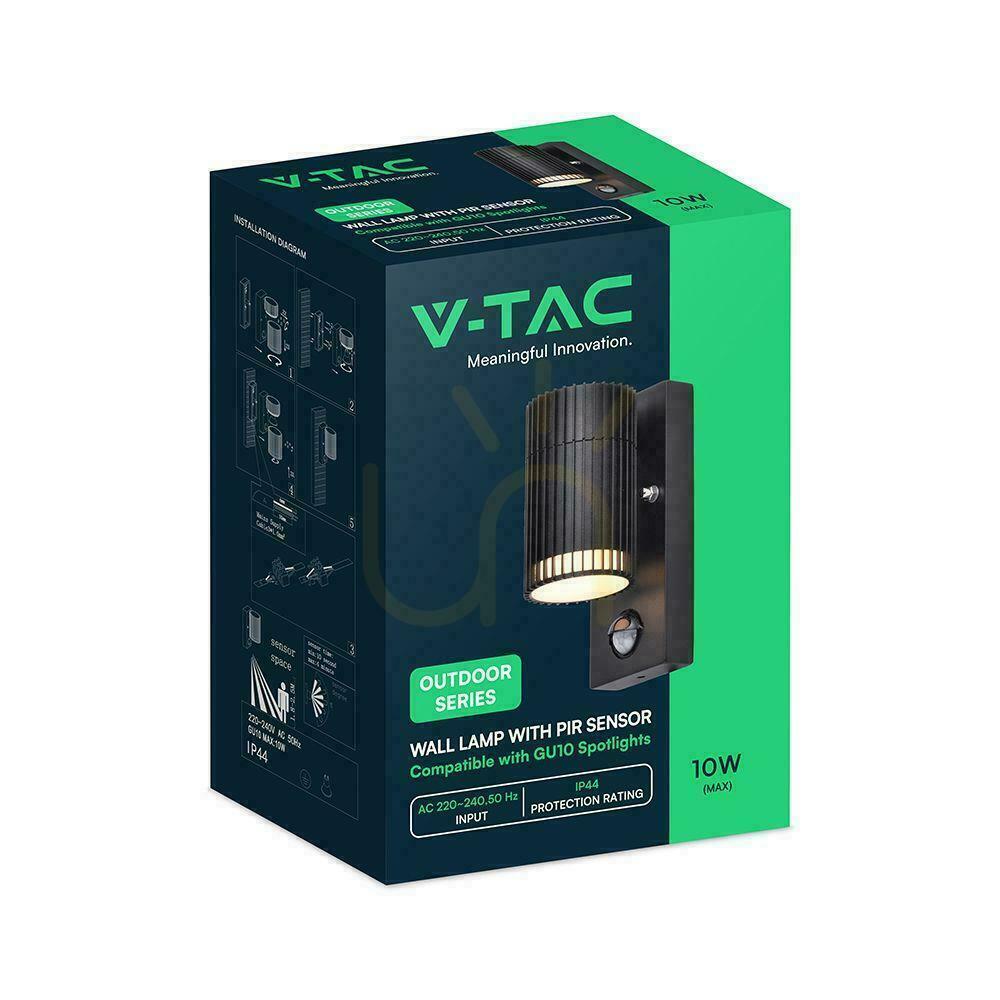 Kijelző V-TAC GU10 kültéri fali lámpa GU10 érzékelő alumínium IP44 fekete VT-10174PIR 3 év garancia V-TAC GU10 kültéri fali lámpa GU10 érzékelő alumínium IP44 fekete VT-10174PIR 3 év garancia