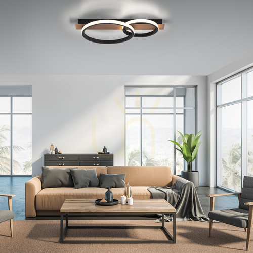 Jelölje be Paul Neuhaus / JUST LIGHT Trooper LED mennyezeti lámpa 30 W 1200lm 3000K két gyűrű fekete fa dekorral 53 cm 15615-78