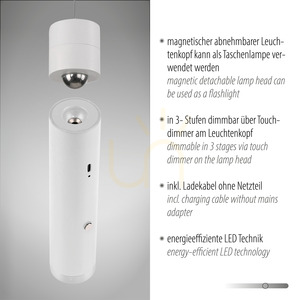 ATTACH 18281-16 függesztett lámpa, fehér, 2600 mAh akkumulátor, mágneses fej, érintőszabályzó small 3