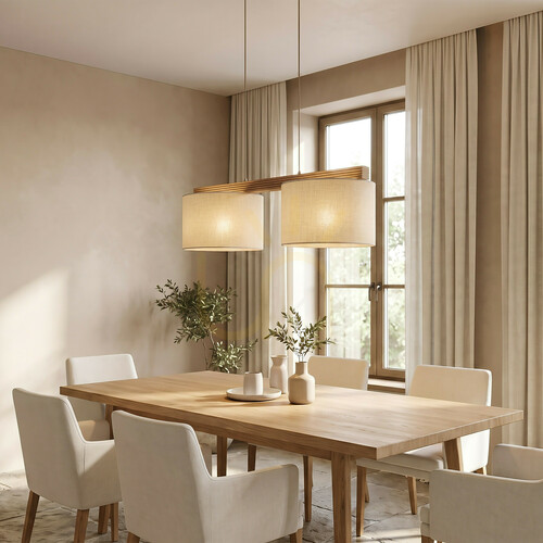 Jelölje be TK-Lighting VIGA SHADE 11881 fenyő függőlámpa, lenvászon búrák, 2×E27, 80 cm