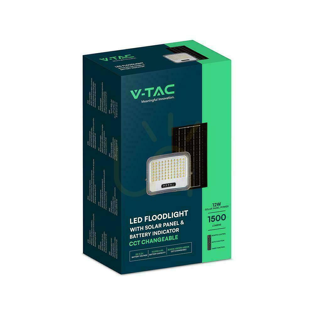 Jelölje be V-TAC 12 W-os napelemes LED-es reflektor távirányítóval és automatikus időzítővel, IP65, fekete, CCT VT-105W 3000 K–4500 K–6500 K, 2000 lm V-TAC 12 W-os napelemes LED-es reflektor távirányítóval és automatikus időzítővel, IP65, fekete, CCT VT-105W 3000 K–4500 K–6500 K, 2000 lm