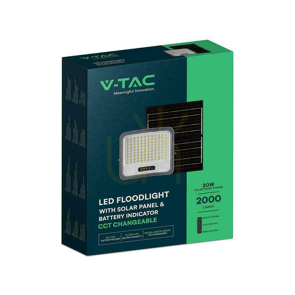 Jelölje be V-TAC 20 W-os napelemes LED-es reflektor távirányítóval és automatikus időzítővel, IP65, fekete, CCT VT-205W 3000 K–4500 K–6500 K, 2000 lm V-TAC 20 W-os napelemes LED-es reflektor távirányítóval és automatikus időzítővel, IP65, fekete, CCT VT-205W 3000 K–4500 K–6500 K, 2000 lm