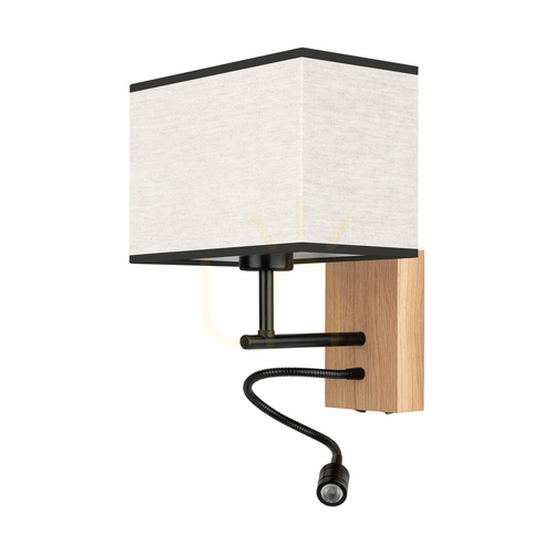 Jelölje be Lector fali lámpa, olajozott tölgy/fekete, bézs-fekete lámpaernyő, 1xE27 + 1xLED 2,8 W, 22 cm