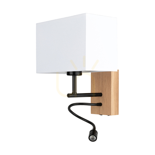 Jelölje be Lector fali lámpa, olajozott tölgy/fekete, fehér lámpaernyő, 1xE27 + 1xLED 2,8 W, 22 cm