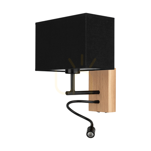 Jelölje be Lector fali lámpa, olajozott tölgy/fekete, fekete lámpaernyő, 1xE27 + 1xLED 2,8 W, 22 cm