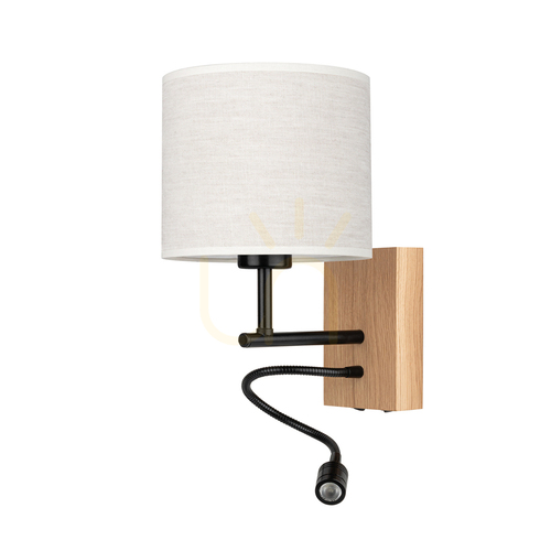Jelölje be Lector fali lámpa, olajozott tölgy/fekete, bézs lámpaernyő, 1xE27 + 1xLED 2,8 W, 21,5 cm