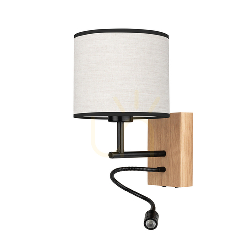 Jelölje be Lector fali lámpa, olajozott tölgy/fekete, bézs-fekete lámpaernyő, 1xE27 + 1xLED 2,8 W, 21,5 cm