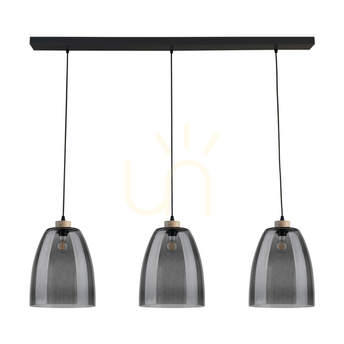 Jelölje be Asmara függesztett lámpa, 3xE27, Max. 60 W, olajozott tölgy/fekete fém/fekete PVC-kábel/füstös üvegburás, 125 cm