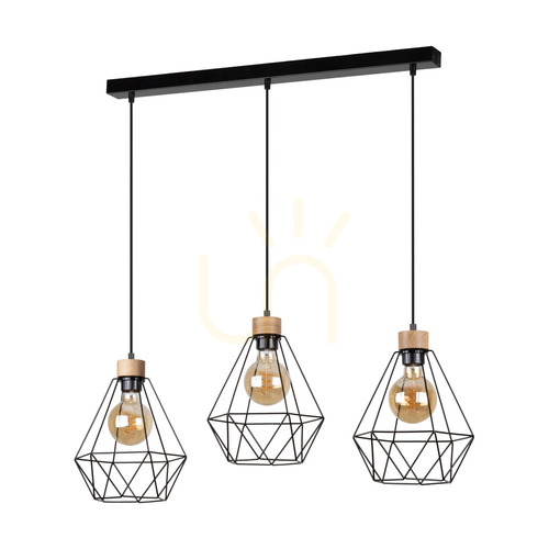 Jelölje be Diament függesztett lámpa, 3xE27, Max. 60 W, olajozott tölgy/fekete fém/fekete PVC-kábel/fekete fém lámpaernyő, 80 cm