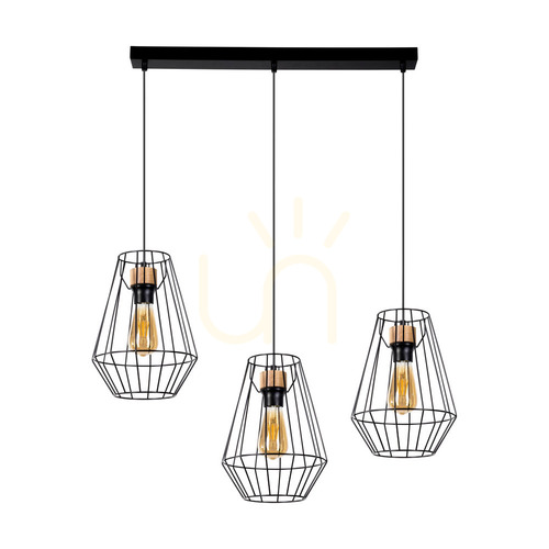 Jelölje be Endorfina függesztett lámpa, 3xE27, Max. 60 W, olajozott tölgy/fekete fém/fekete PVC-kábel, 77 cm