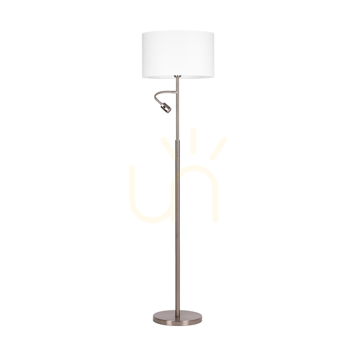 Jelölje be Eros állólámpa, 1xE27 (max.. (60 W), 1 db 3000 K-es, 3 W-os LED, szaténfém/átlátszó PVC-kábel/fehér lámpaernyő, Ø40 cm
