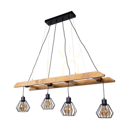 Jelölje be Eskalo 4xE27 függesztett lámpa, Max. 60 W, barna színű fenyőfa/fekete fém/fekete PVC-kábel/fekete fém lámpaernyő, 123,5 cm