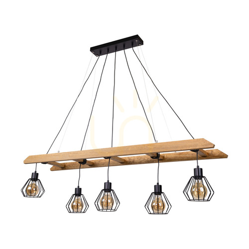Jelölje be Eskalo függesztett lámpa, 5xE27, Max. 60 W, barna színűre festett fenyő / fekete fém / fekete PVC-kábel / fekete fém lámpaernyő, 154 cm