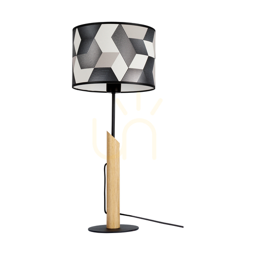 Jelölje be Espacio asztali lámpa, 1xE27, Max. 60 W, olajozott tölgy/fekete fém/fekete PVC-kábel/többszínű tapéta lámpaernyő, Ø27 cm
