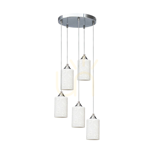 Jelölje be „Flowers” függesztett lámpa, 5xE27, Max. 60 W, krómozott fém / átlátszó PVC-kábel / fehér, virágmintás üvegburás lámpa, Ø35 cm