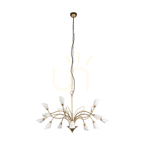 Jelölje be Gloriosa függesztett lámpa, 15xG9, Max. 6 W-os LED, arany színű fém/fekete PVC-kábel/fehér üvegburás lámpa, Ø108 cm