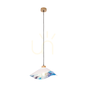 Hattu virágmotívumos függőlámpa, 1xE27, max.. 40 W-os olajozott tölgyfa/fekete fonott kábel/fehér és többszínű lámpaernyő, Ø40 cm small 1