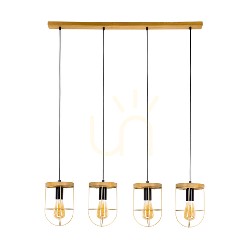 Jelölje be Netuno függesztett lámpa, 4xE27, max.. 60 W, barna színű fenyőfa/fekete fém/fekete PVC-kábel/arany színű fém lámpaernyő, 100 cm