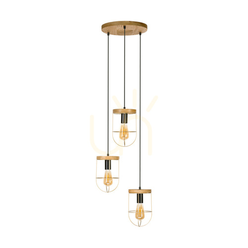 Jelölje be Netuno függesztett lámpa, 3xE27, max.. 60 W-os, barna színűre pácolt fenyő / fekete fém / fekete PVC-kábel / arany színű fém lámpaernyő, Ø50 cm