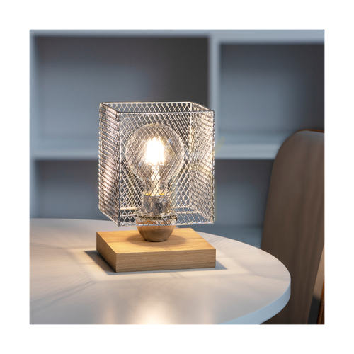 Jelölje be Norman Wood asztali lámpa, 1xE27, Max. 25 W, olajozott tölgyfa/fekete PVC-kábel/krómozott fém lámpaernyő, 13,5 cm