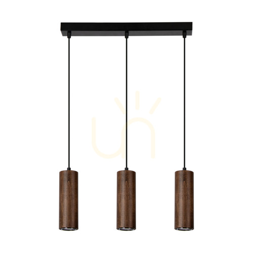 Jelölje be Cső alakú függesztett lámpa, 3 db GU10-es LED-del (max.. 5 W), bükk- és diófa / fekete fém / fekete PVC-kábel (46 cm)