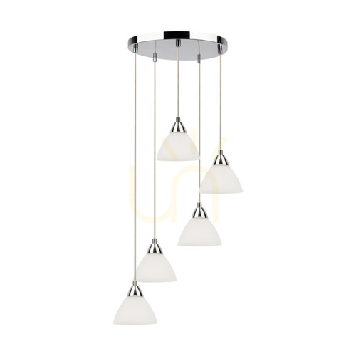 Jelölje be Prahas függesztett lámpa, 5xE14, Max. 40 W, krómozott fém / átlátszó PVC-kábel / fehér üvegburás lámpa, Ø42 cm
