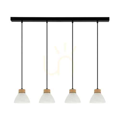 Jelölje be Prahas függesztett lámpa, 4xE14, max.. 40 W, olajozott tölgyfa / fekete fém / fekete PVC-kábel / fehér üvegburás, 75 cm