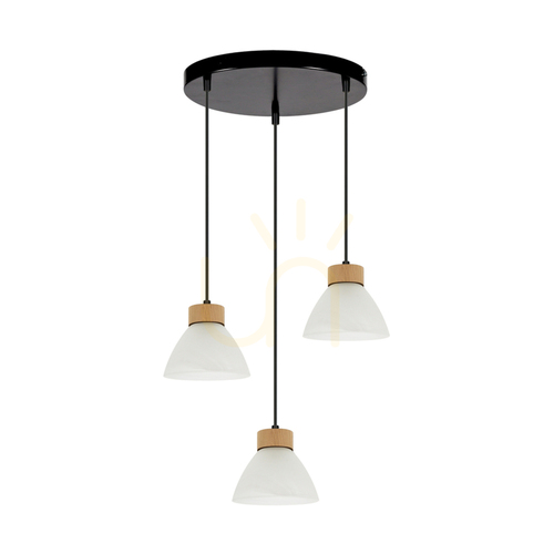 Jelölje be Prahas függesztett lámpa, 3xE14, max.. 40 W, olajozott tölgyfa / fekete fém / fekete PVC-kábel / fehér üvegburás lámpa, Ø30 cm