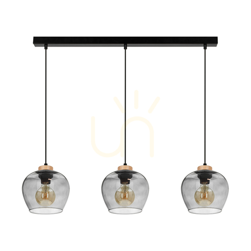 Jelölje be Praia függesztett lámpa, 3xE27, Max. 60 W, olajozott tölgy/fekete fém/fekete PVC-kábel/füstös üveg lámpaernyő, 120 cm